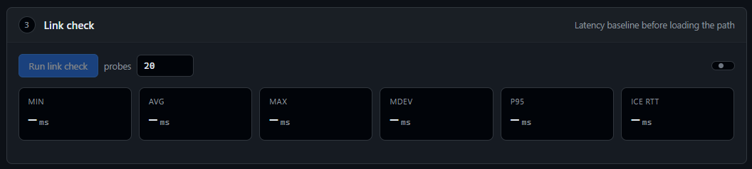 The link check panel showing latency tiles for minimum, average, maximum, mean deviation, 95th percentile and ICE round-trip time, each reported in milliseconds.