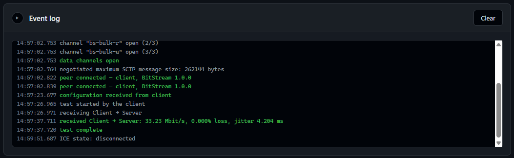 The event log panel showing timestamped entries for data channels opening, the negotiated maximum SCTP message size, peer connection, configuration received, test start, the measured result of 33.23 Mbit/s with zero percent loss, and test completion.
