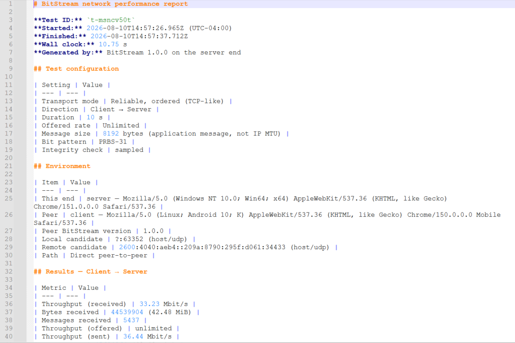 An exported Markdown report opened in a text editor, showing the test ID, ISO-8601 start and finish timestamps, wall clock duration, a test configuration table, an environment table listing both machines' browsers and the local and remote ICE candidates, and the beginning of a results table.